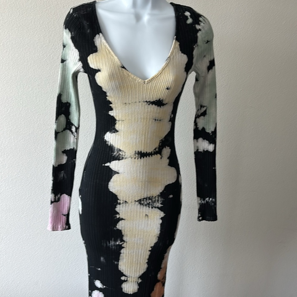 Ribbed Tie-Dye Dress L Bodycon V-Neck Bleach Wash Grunge Indie Sleaze Streetwear - Picture 1 of 13